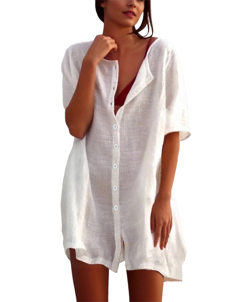 Clara Vestido Playero Mujer – Túnica Ligera, Cuello Redondo y Aberturas Laterales