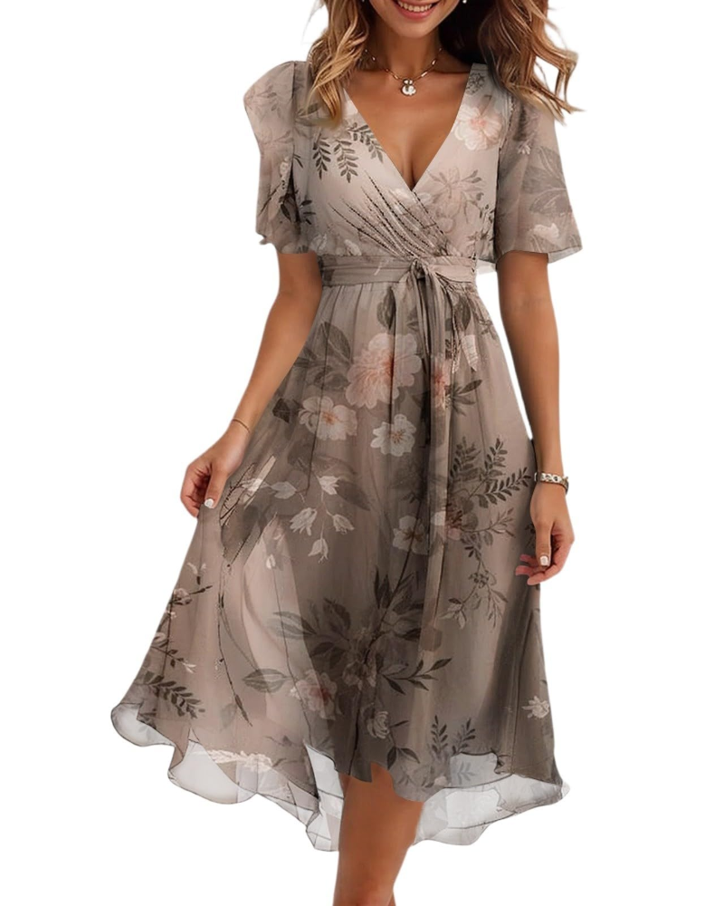 Florence Vestido Midi Floral Mujer – Cuello Cruzado, Cinturón y Mangas Abullonadas