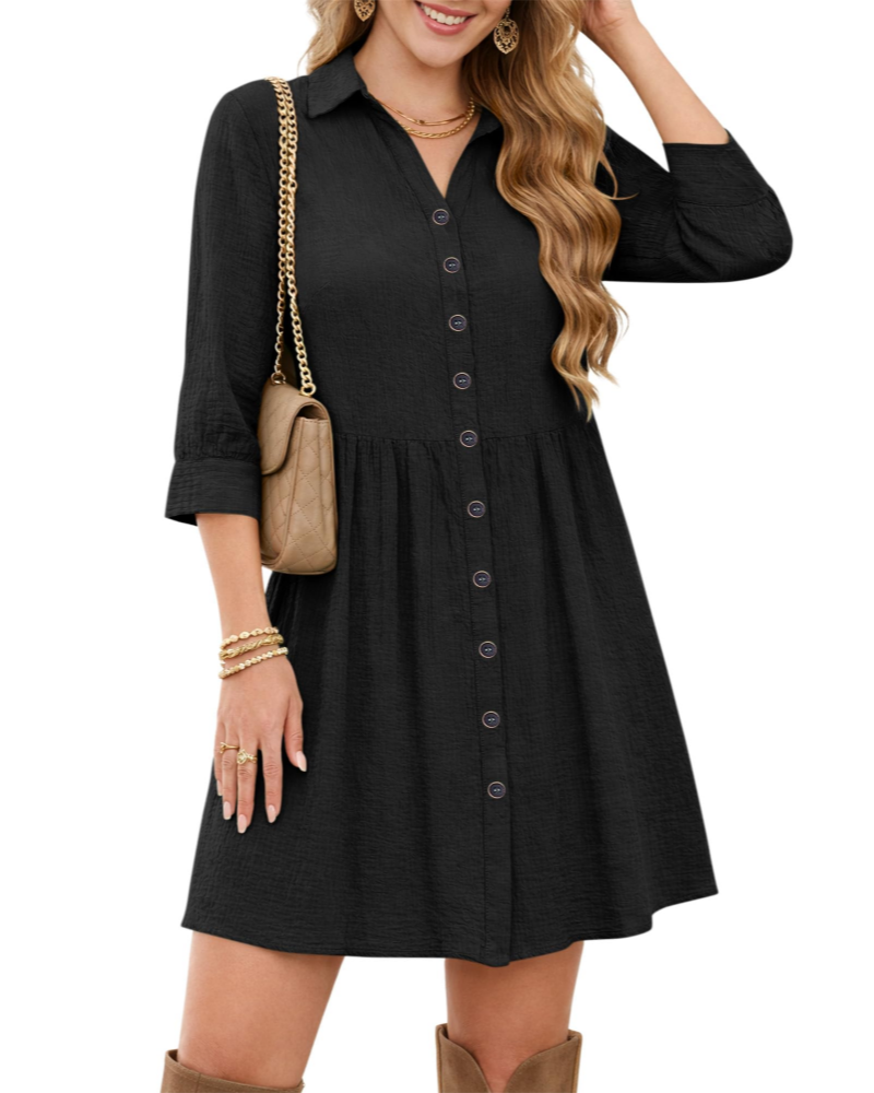 Avery Vestido Camisero Mujer – Cuello en V, Cintura Imperio, Bolsillos y Botones