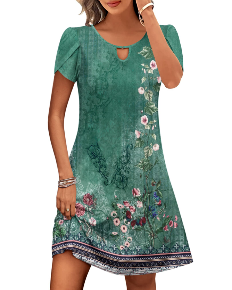 Camille Vestido Midi Floral Mujer – Cuello Redondo, Mangas Abullonadas y Bolsillos