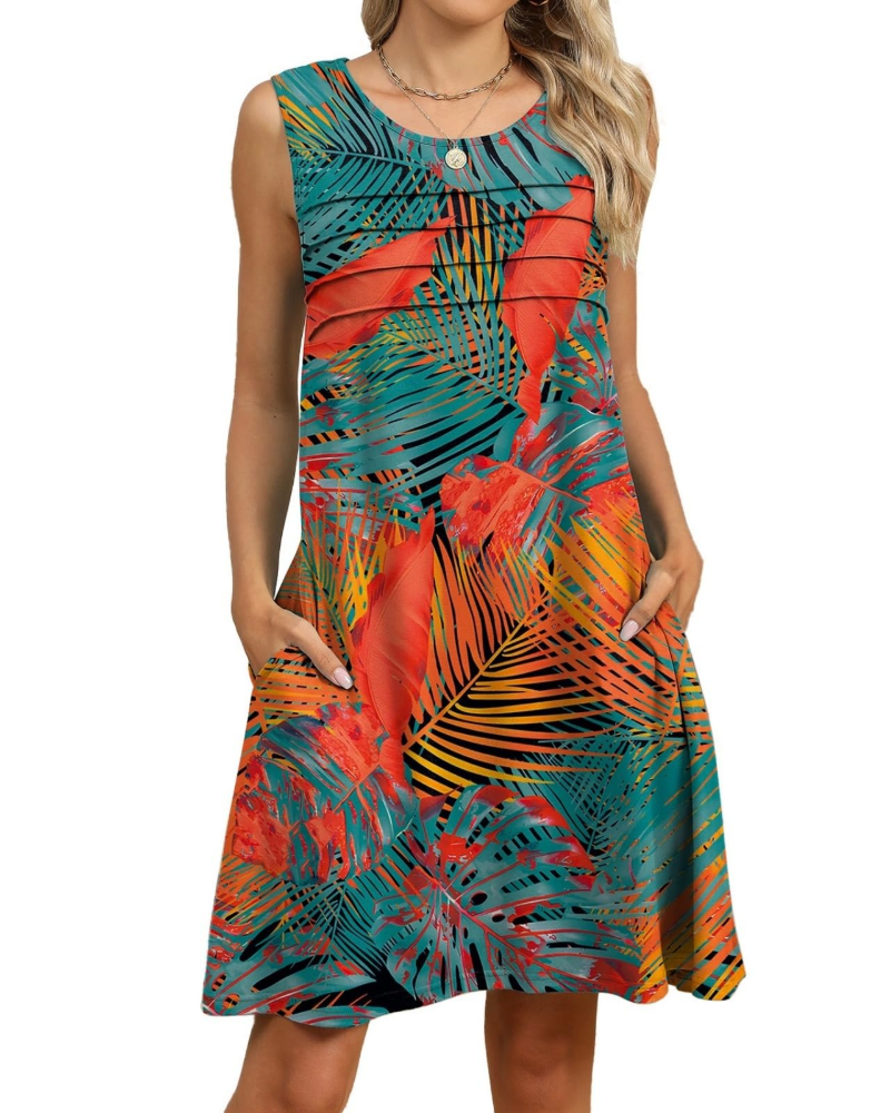 Sloane Vestido Midi Floral Mujer – Sin Mangas, Pliegues, Bolsillos y Corte Línea A