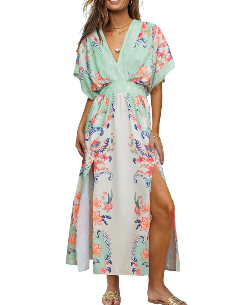 Juliet Vestido Maxi Boho Mujer – Manga Kimono, Cuello en V, Cintura Alta y Abertura