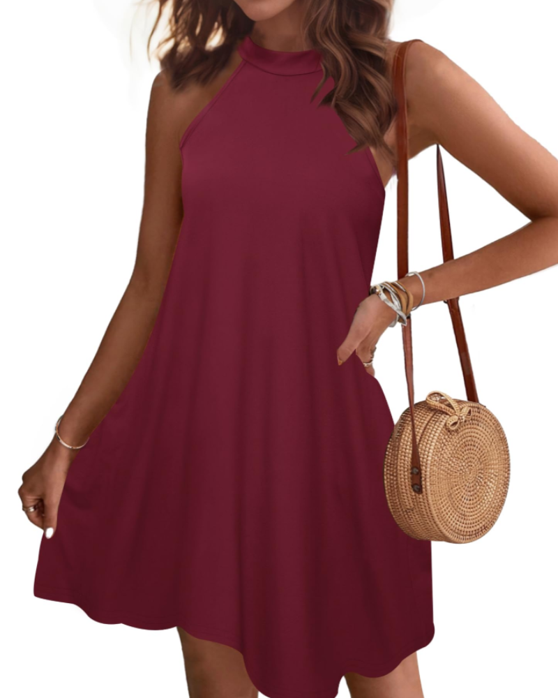 Bianca Vestido Mini Halter Mujer – Espalda Abierta, Bolsillos y Corte Línea A