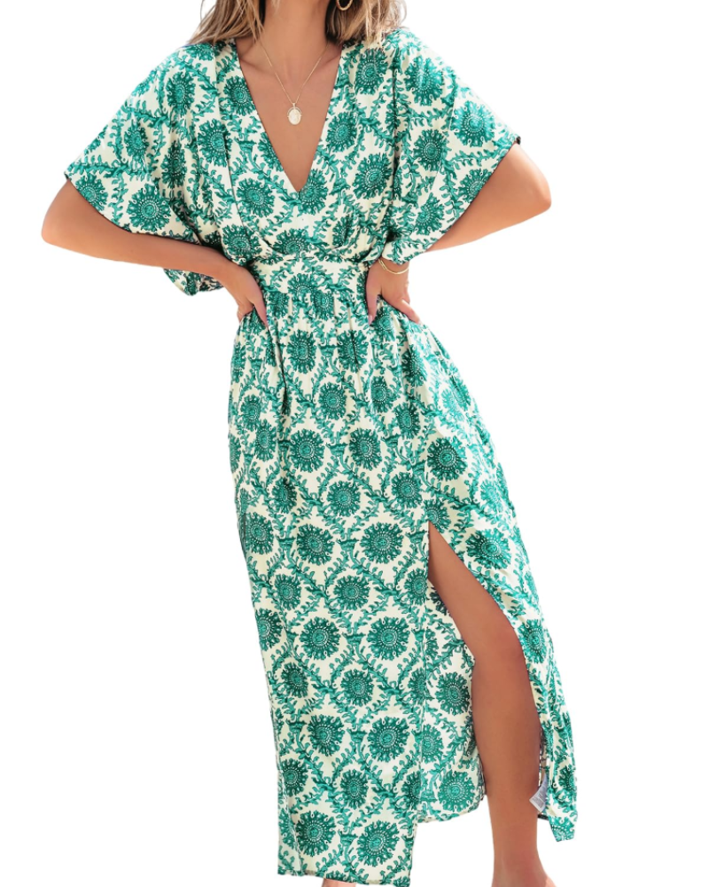 Juliet Vestido Maxi Boho Mujer – Manga Kimono, Cuello en V, Cintura Alta y Abertura