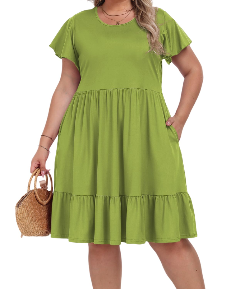 Audrey Vestido Midi Talla Grande Mujer – Cintura Alta, Bolsillos y Corte Línea A