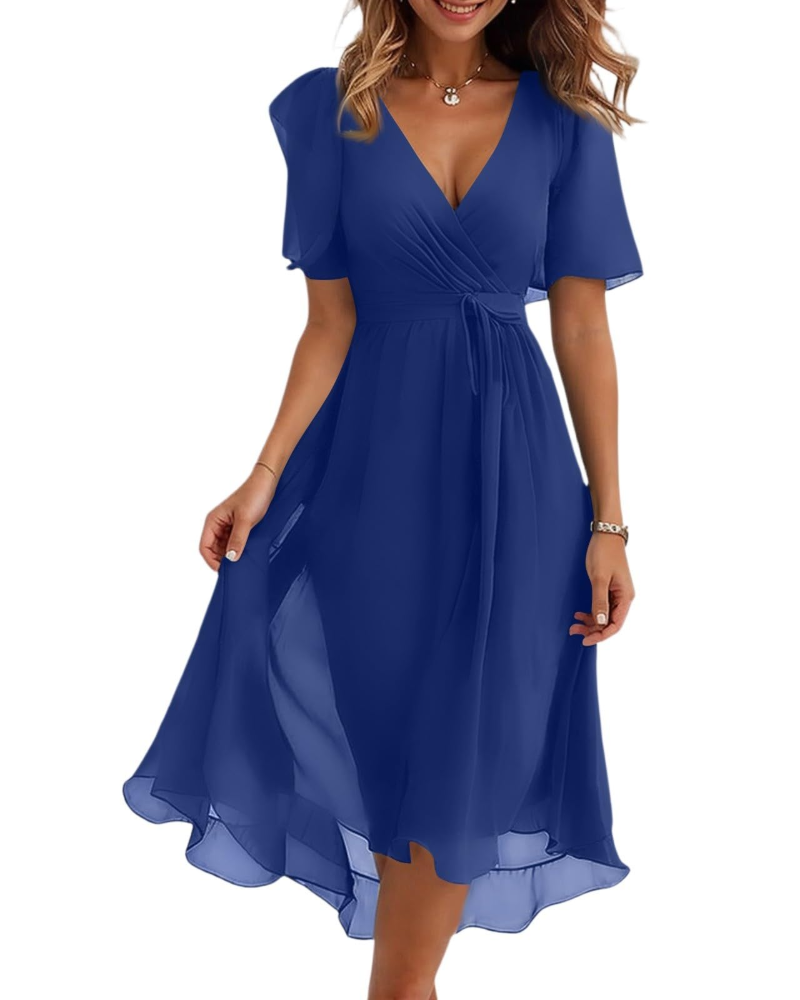 Florence Vestido Midi Floral Mujer – Cuello Cruzado, Cinturón y Mangas Abullonadas