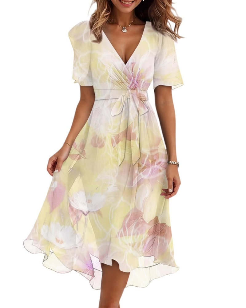 Florence Vestido Midi Floral Mujer – Cuello Cruzado, Cinturón y Mangas Abullonadas
