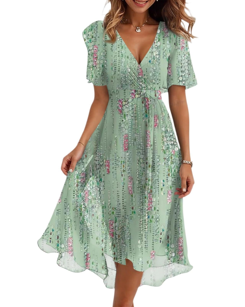 Florence Vestido Midi Floral Mujer – Cuello Cruzado, Cinturón y Mangas Abullonadas