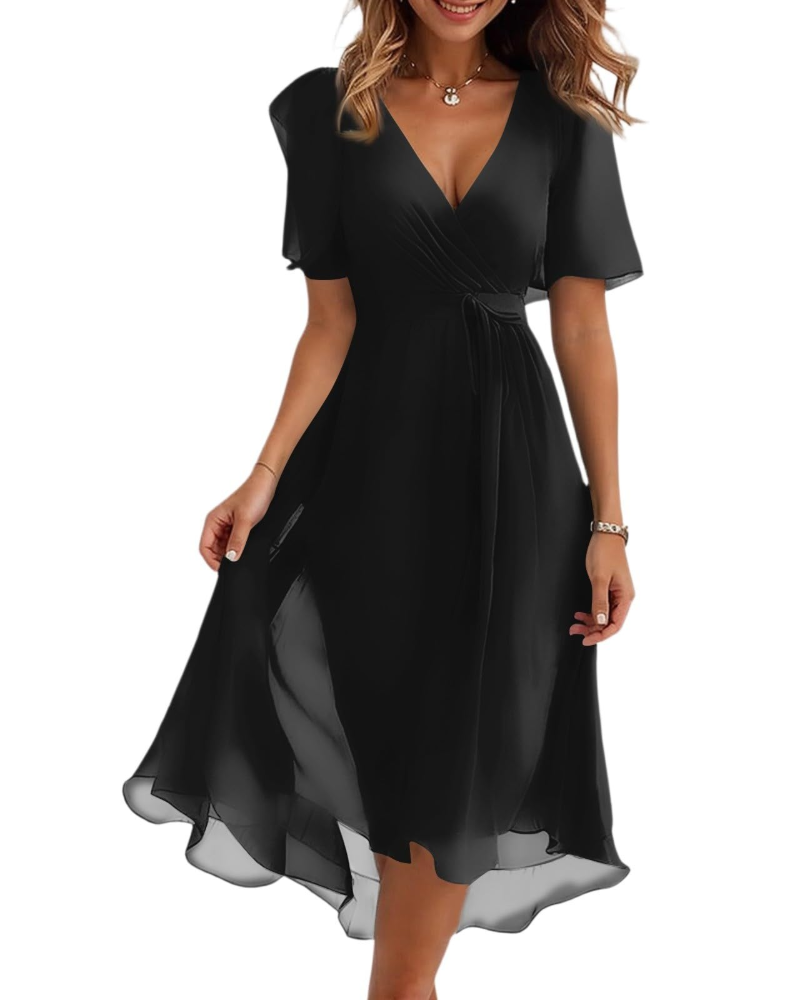 Florence Vestido Midi Floral Mujer – Cuello Cruzado, Cinturón y Mangas Abullonadas
