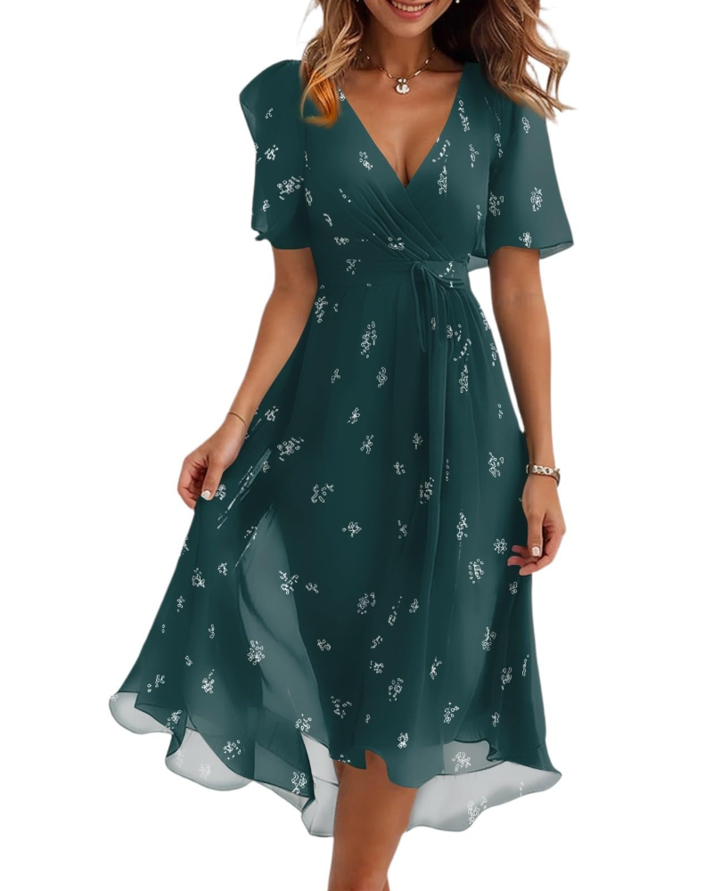 Florence Vestido Midi Floral Mujer – Cuello Cruzado, Cinturón y Mangas Abullonadas