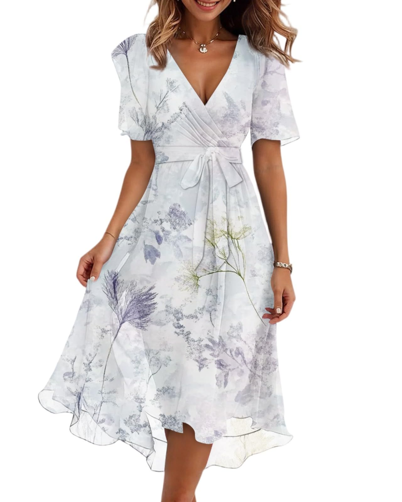 Florence Vestido Midi Floral Mujer – Cuello Cruzado, Cinturón y Mangas Abullonadas