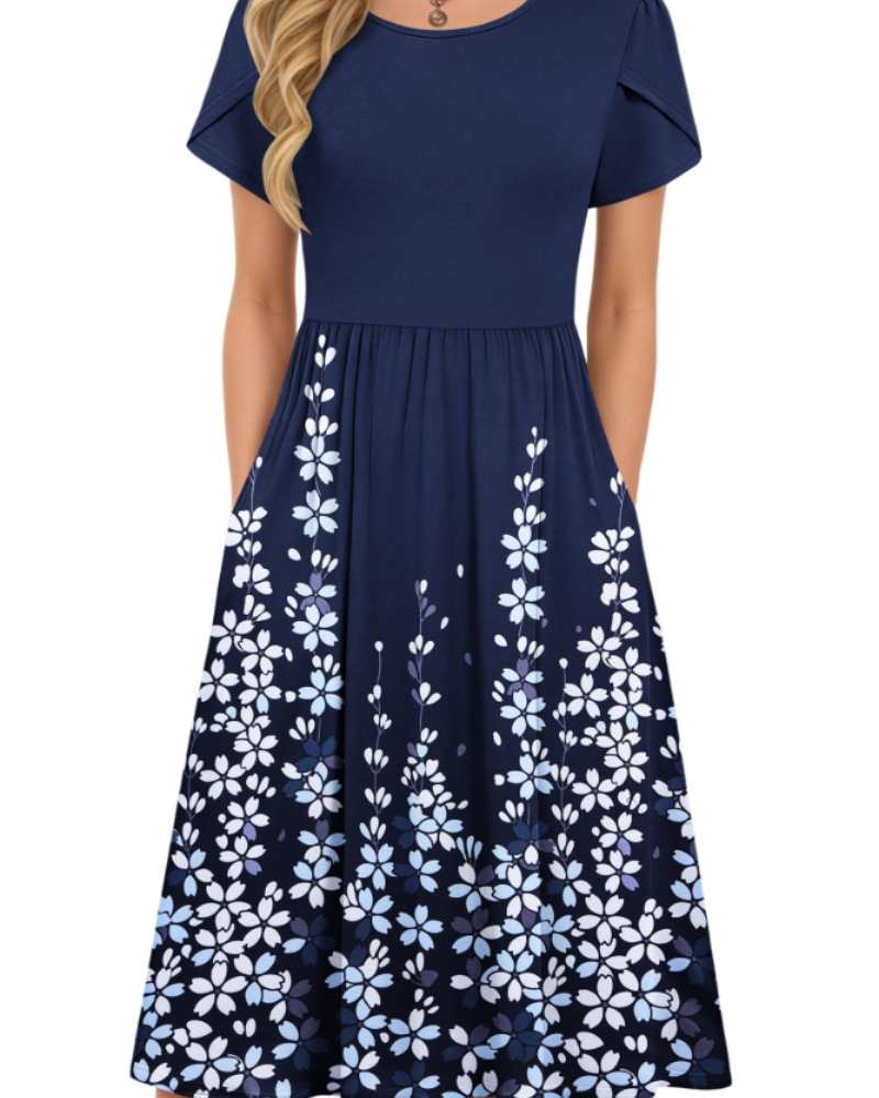 Isabelle Vestido Midi Verano Mujer – Cintura Elástica, Mangas Pétalo y Bolsillos