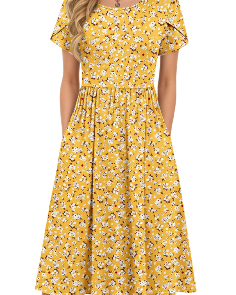Isabelle Vestido Midi Verano Mujer – Cintura Elástica, Mangas Pétalo y Bolsillos