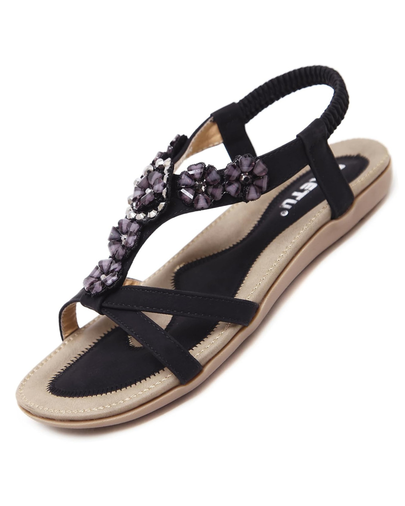 Ava Sandalias Mujer Bohemias – T-Strap con Pedrería y Suela Antideslizante