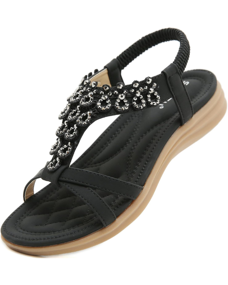 Ava Sandalias Mujer Bohemias – T-Strap con Pedrería y Suela Antideslizante