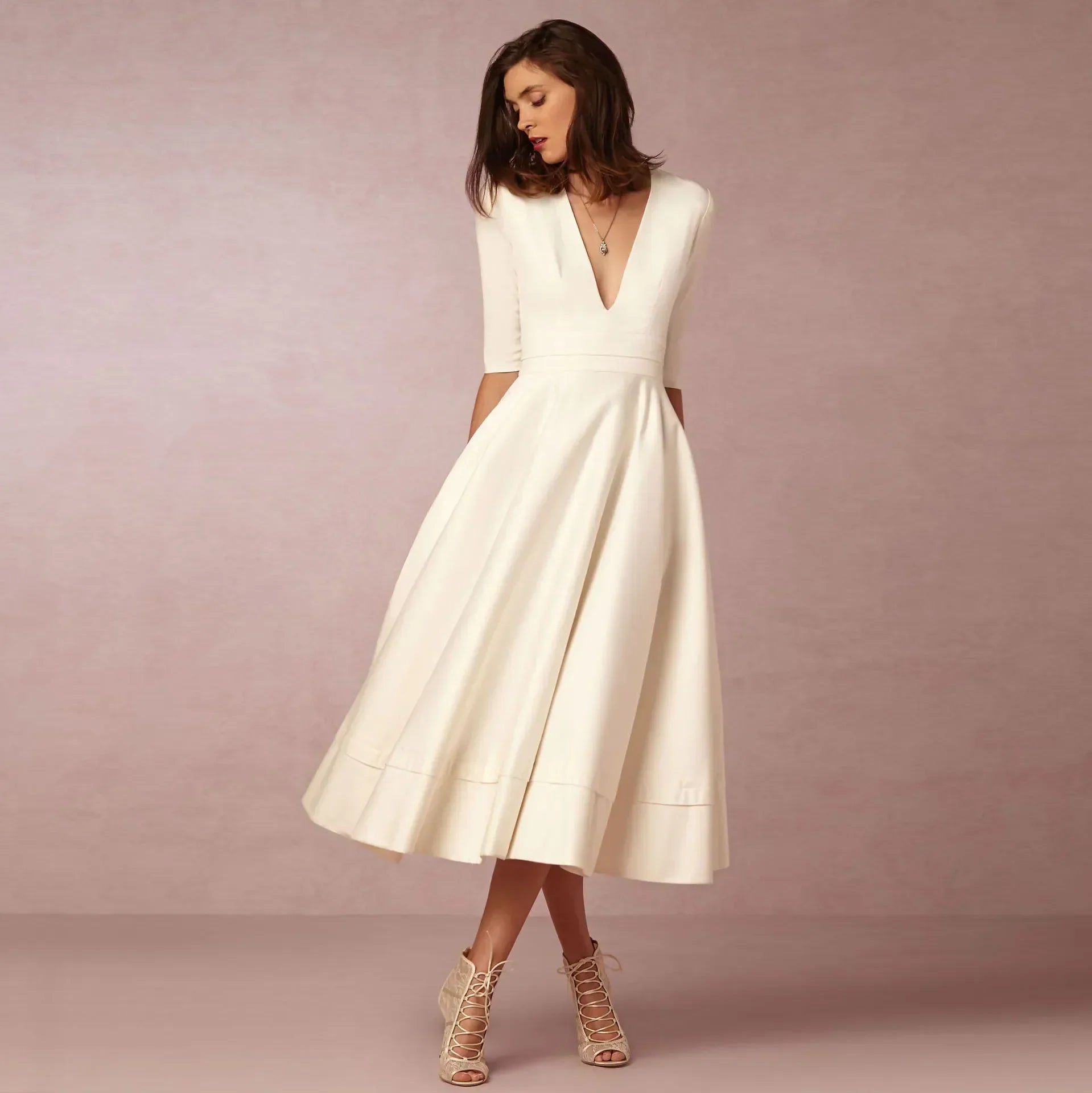 Ivoire Robe midi pour femme – Robe en coton élégante ajustée chic