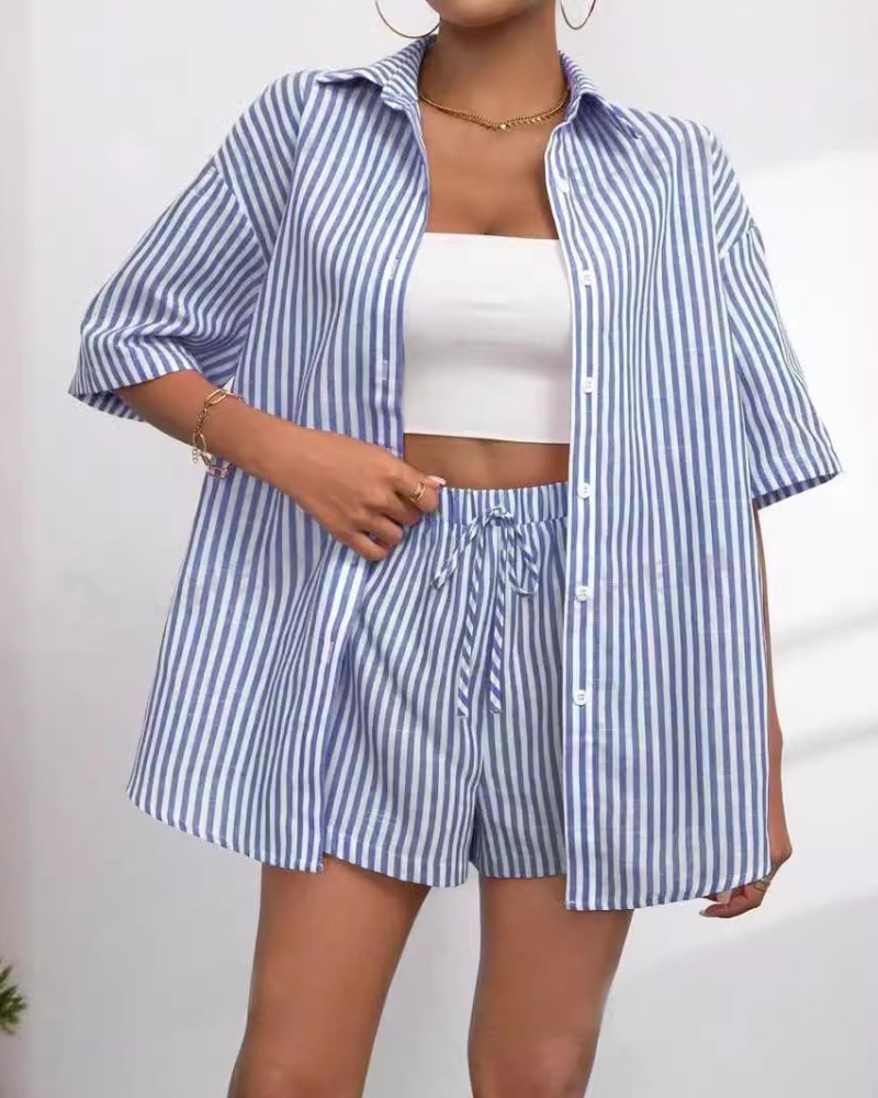 Bianca Conjunto Mujer – Set Rayas Dos Piezas, Camisa Manga Corta y Shorts