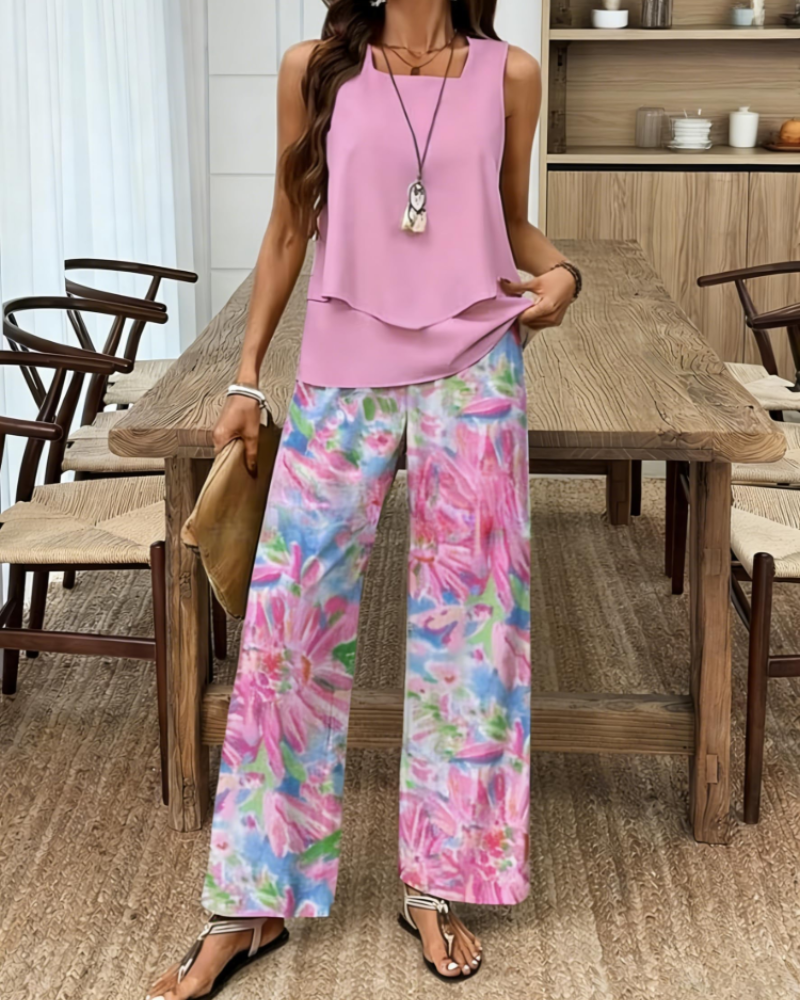 Nadia Conjunto Mujer – Set Dos Piezas, Top Sin Mangas y Shorts Estampado Hojas