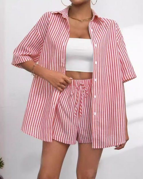 Bianca Women’s Set – Two-Piece Striped Set, Short-Sleeve Shirt and Shorts