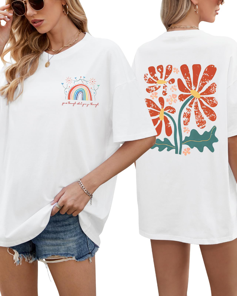 Monica Camiseta Oversize Mujer – 100% Algodón, Estampado Arcoíris y Floral