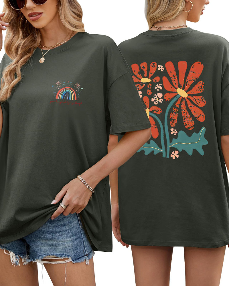 Monica Camiseta Oversize Mujer – 100% Algodón, Estampado Arcoíris y Floral