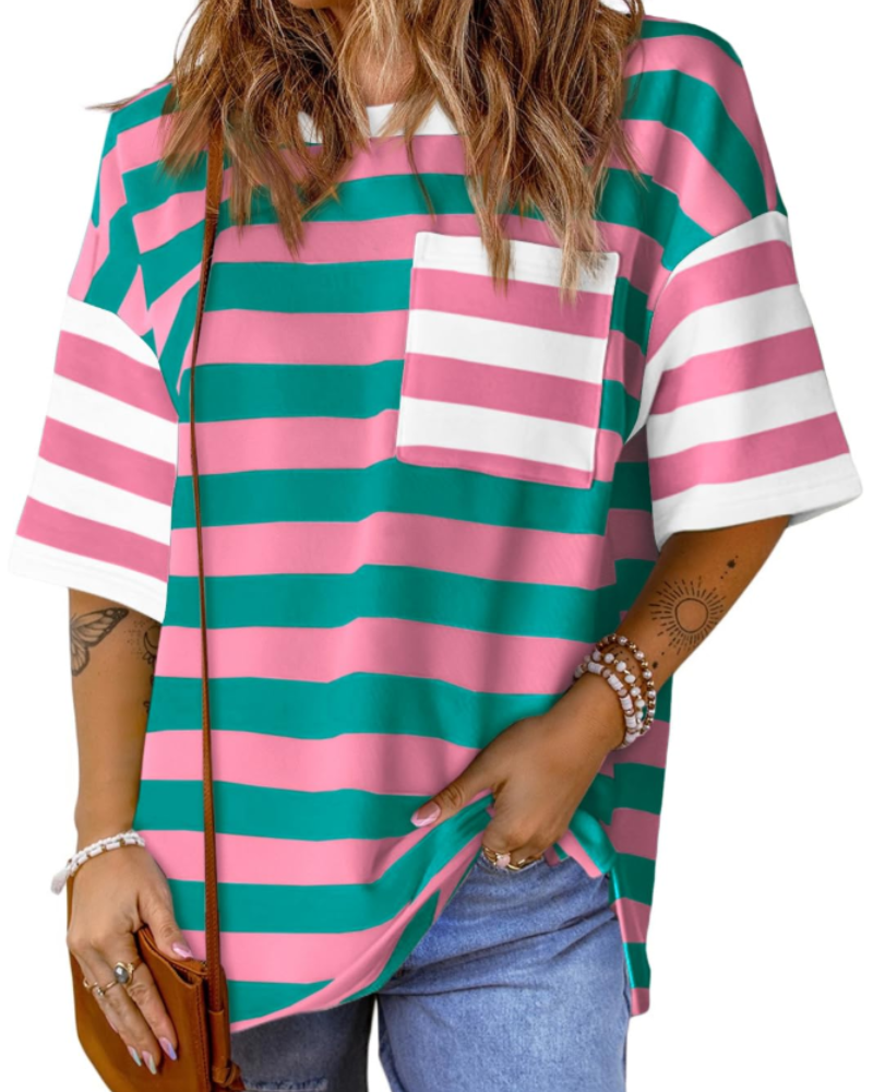 Lauren Camiseta Mujer – Oversized a Rayas con Manga Corta y Diseño Color Block