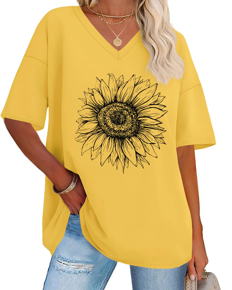 Riley Camiseta Mujer – Oversized con V-Cuello, Estampado Gráfico y Corte Suelto
