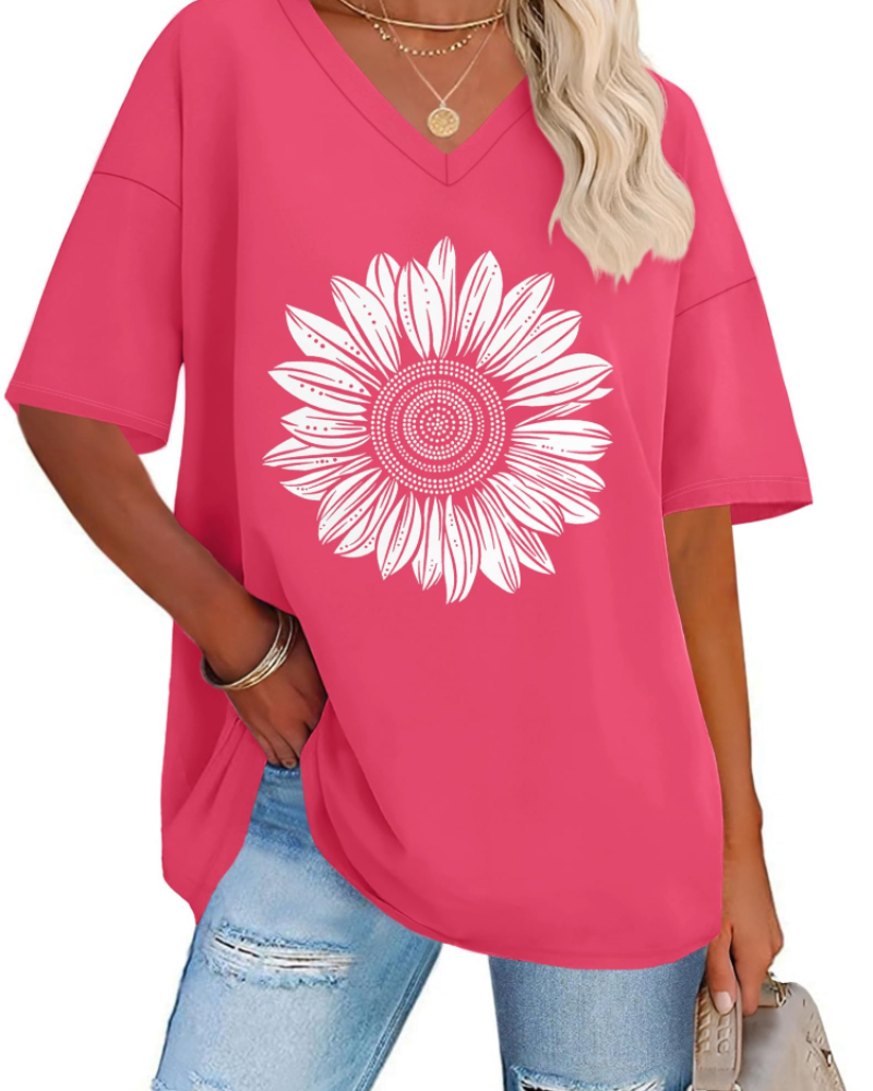 Riley Camiseta Mujer – Oversized con V-Cuello, Estampado Gráfico y Corte Suelto