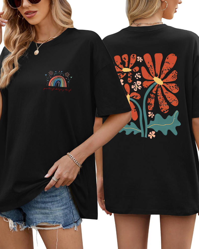 Monica Camiseta Oversize Mujer – 100% Algodón, Estampado Arcoíris y Floral