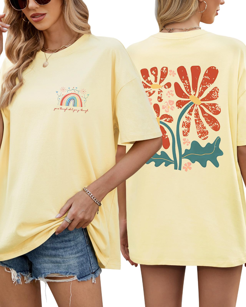 Monica Camiseta Oversize Mujer – 100% Algodón, Estampado Arcoíris y Floral