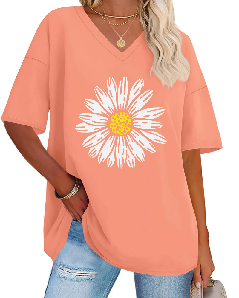 Riley Camiseta Mujer – Oversized con V-Cuello, Estampado Gráfico y Corte Suelto