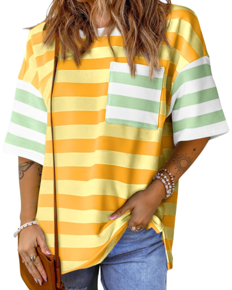 Lauren Camiseta Mujer – Oversized a Rayas con Manga Corta y Diseño Color Block