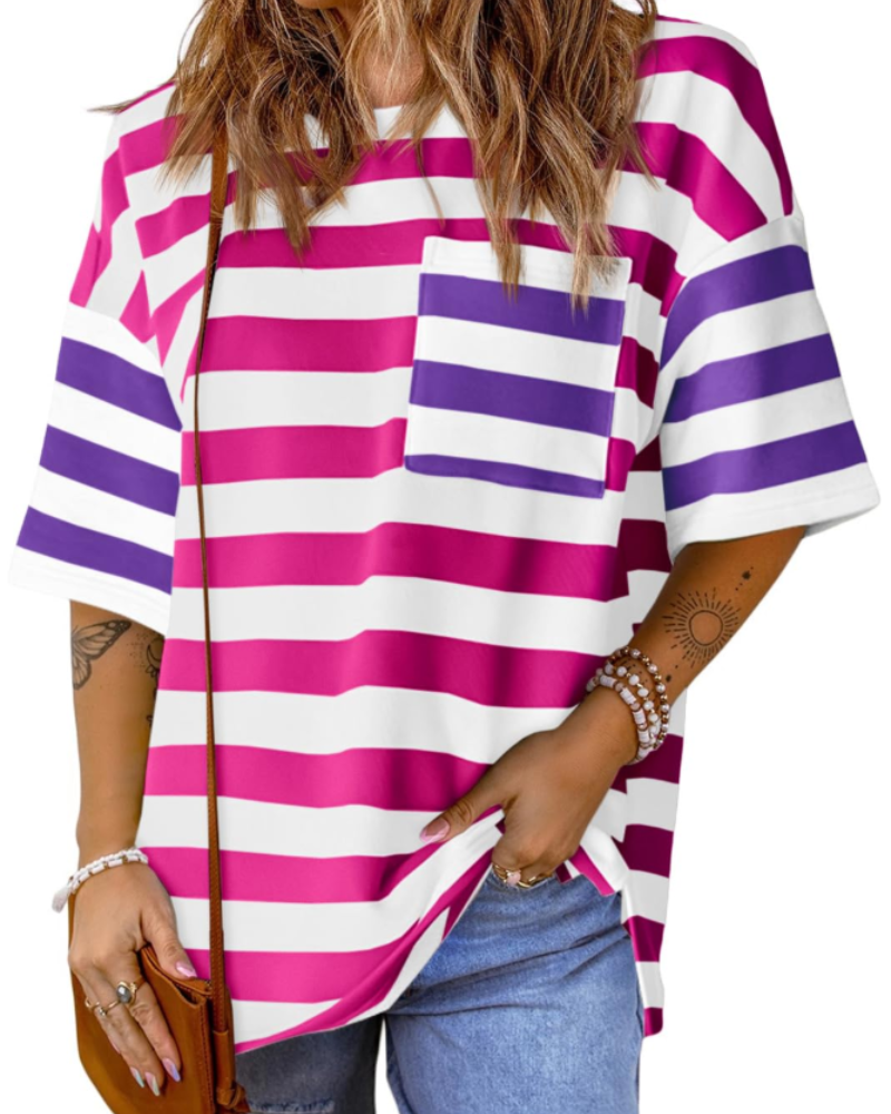 Lauren Camiseta Mujer – Oversized a Rayas con Manga Corta y Diseño Color Block