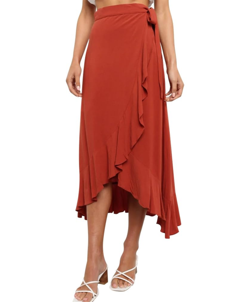 Olivia Falda Wrap Mujer – Corte Midi A-Line con Cintura Ajustable y Volante Asimétrico