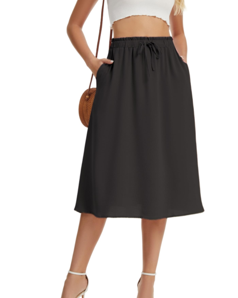 Quinn Falda Midi Mujer – Estilo Lino con Cintura Elástica, Cordón y Bolsillos
