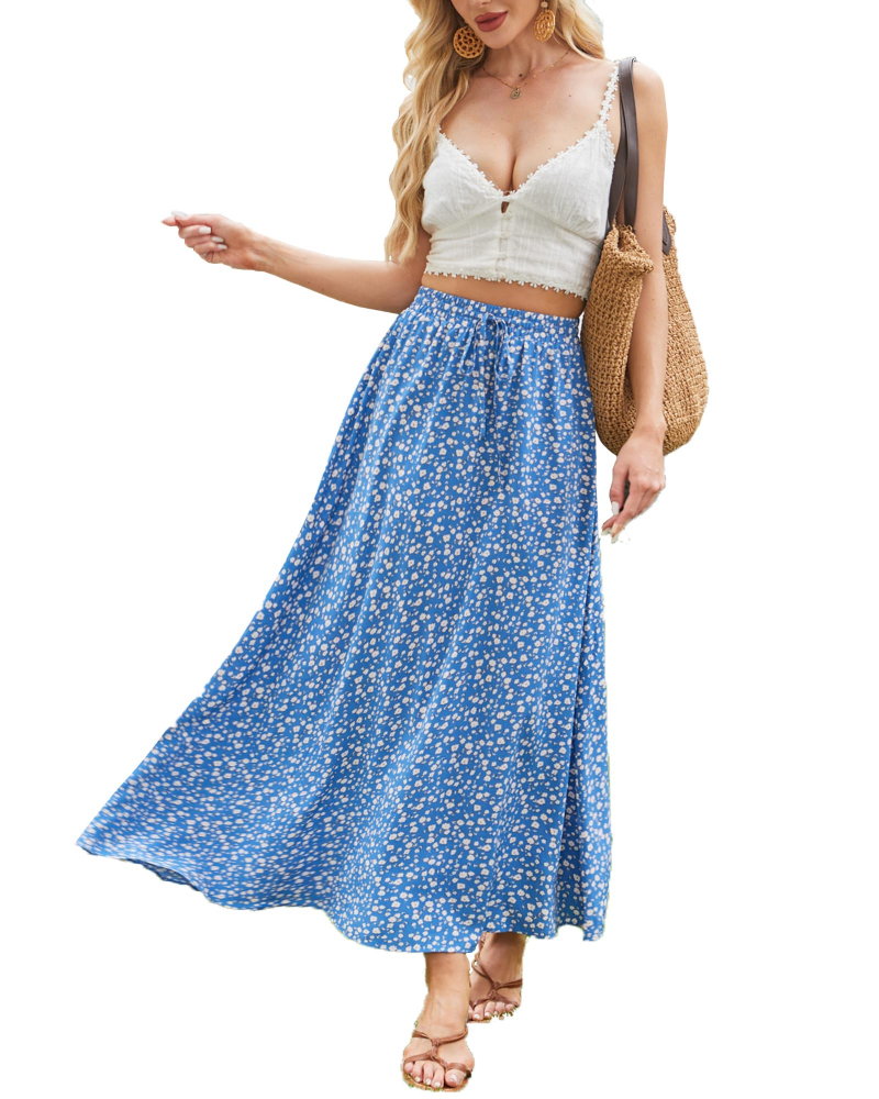 Camila Falda Maxi Mujer – Boho Floral con Cintura Elástica, Cordón Ajustable y A-Line