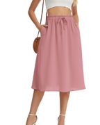 Quinn Falda Midi Mujer – Estilo Lino con Cintura Elástica, Cordón y Bolsillos
