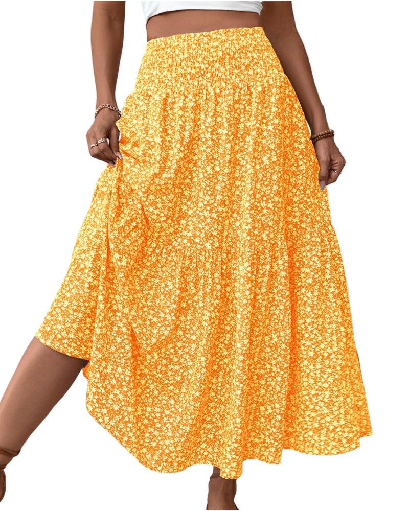 Camila Falda Maxi Mujer – Floral con Cintura Alta Elástica y Bolsillos