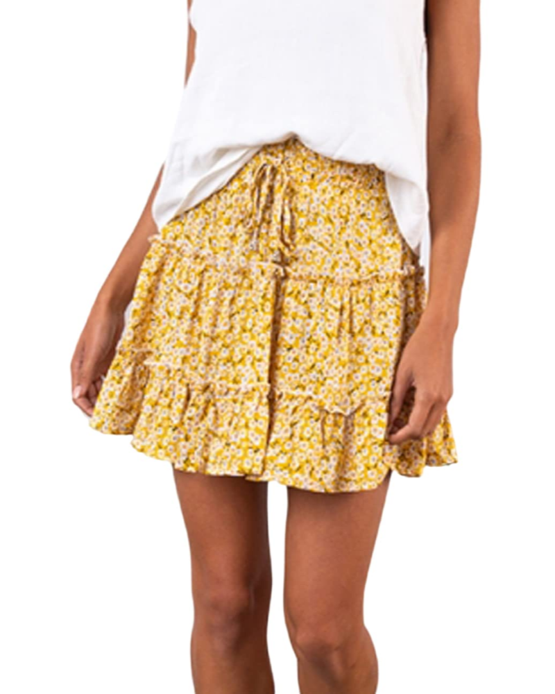 Chelsea Falda Mini Mujer – Floral Boho con Cintura Alta Elástica y Cordón