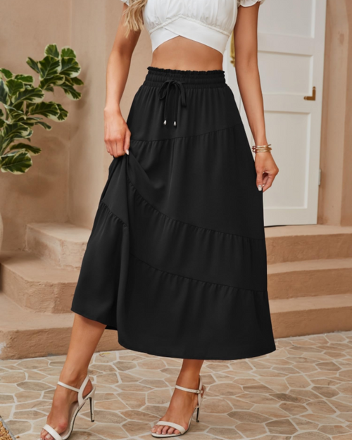 Aurora Women’s Maxi Skirt – Tiered Boho Style with High Waist, Drawstring, and Pockets