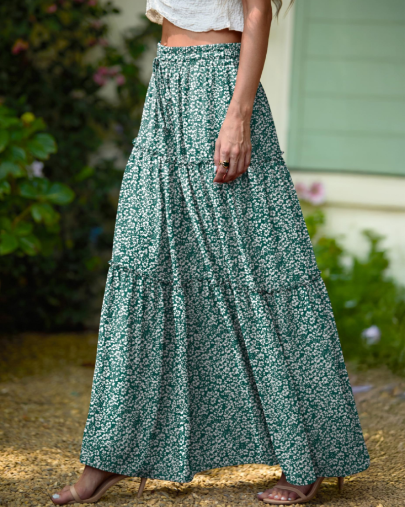 Penelope Falda Maxi Mujer – Falda Boho Floral con Cintura Elástica y Volantes en Capas