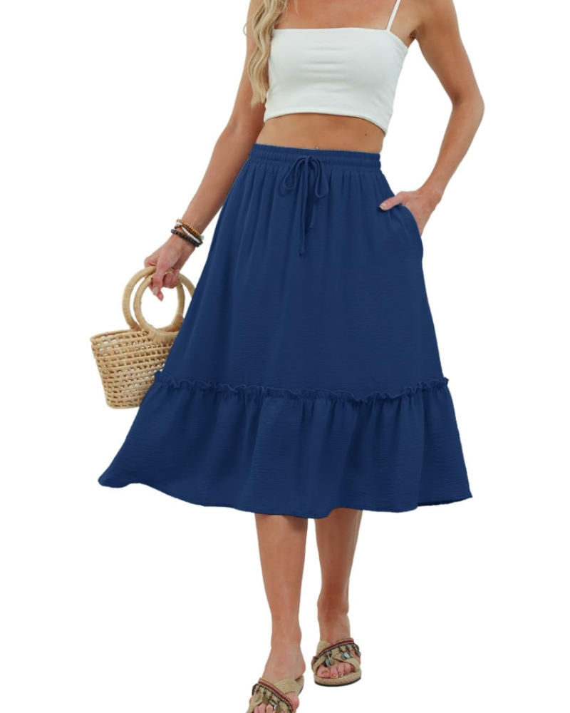 Freya Falda Midi Mujer – Falda Casual con Cintura Elástica, Cordón Ajustable y Bolsillos