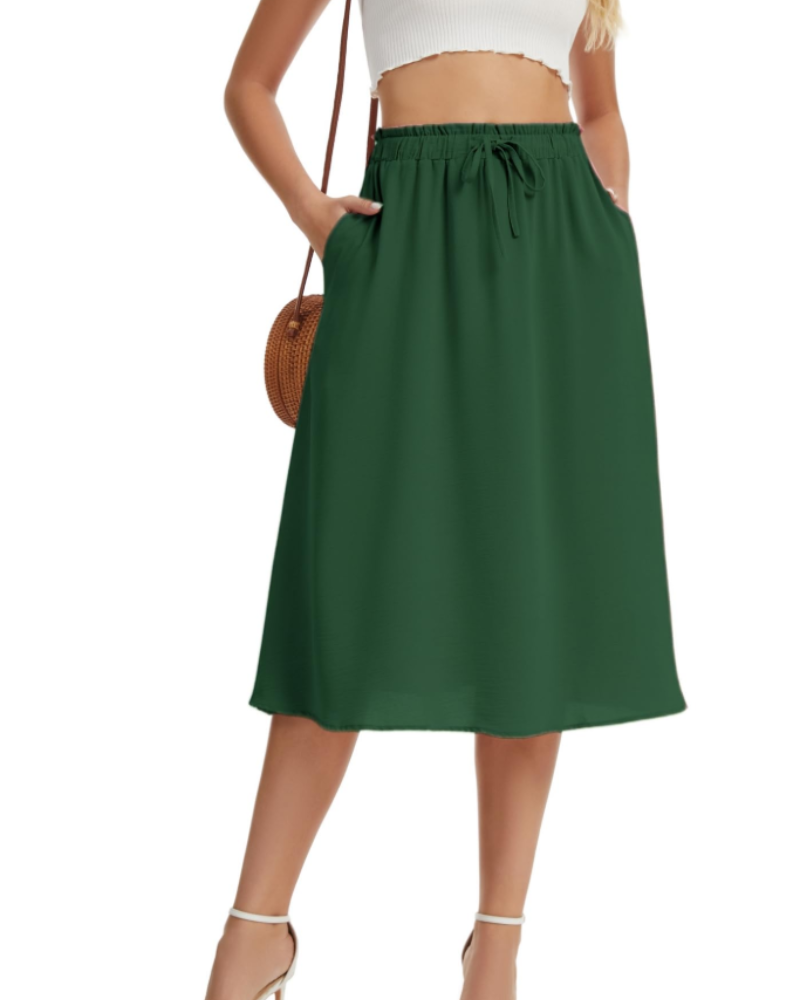 Quinn Falda Midi Mujer – Estilo Lino con Cintura Elástica, Cordón y Bolsillos
