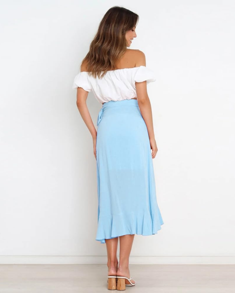 Olivia Falda Wrap Mujer – Corte Midi A-Line con Cintura Ajustable y Volante Asimétrico