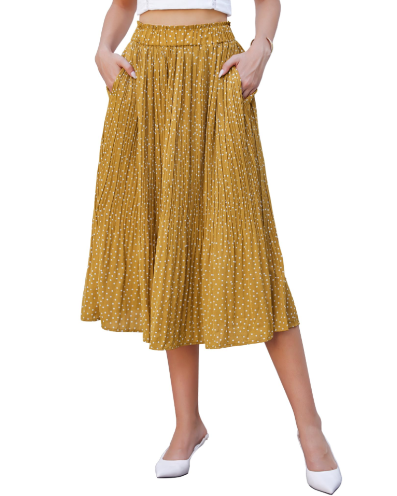 Stella Falda Midi Mujer – Plisada de Gasa con Estampado Lunares y Bolsillos Laterales