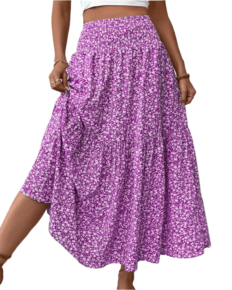 Camila Falda Maxi Mujer – Floral con Cintura Alta Elástica y Bolsillos