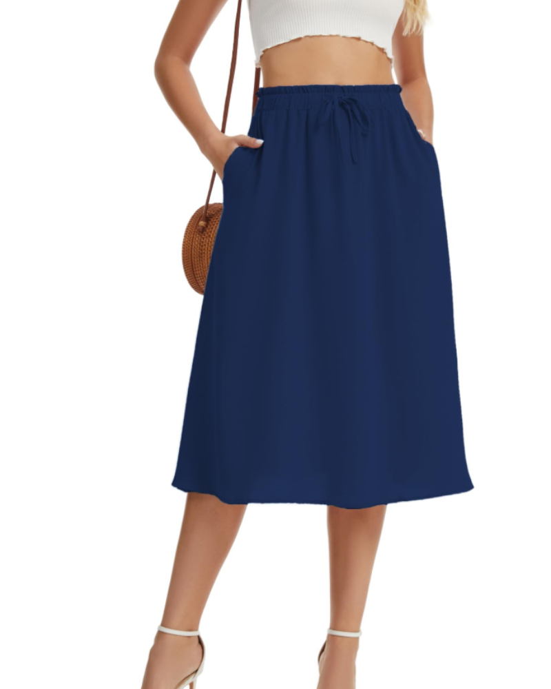 Quinn Falda Midi Mujer – Estilo Lino con Cintura Elástica, Cordón y Bolsillos