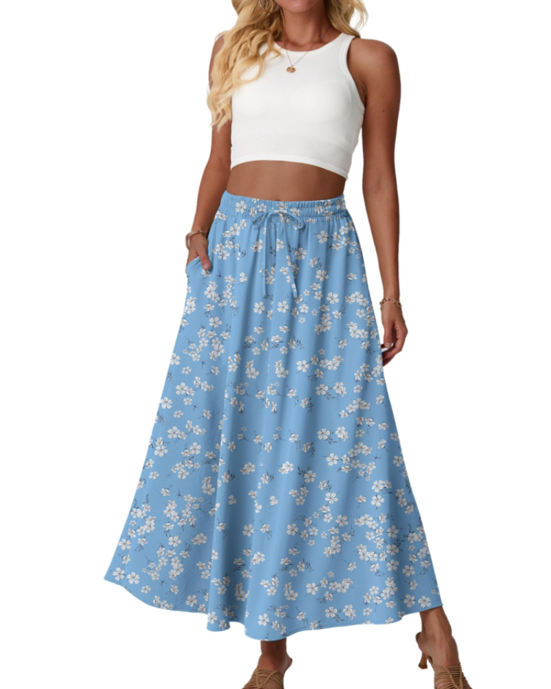 Eleanor Falda Maxi Mujer – Falda Floral A-Line con Cintura Elástica y Bolsillos Laterales