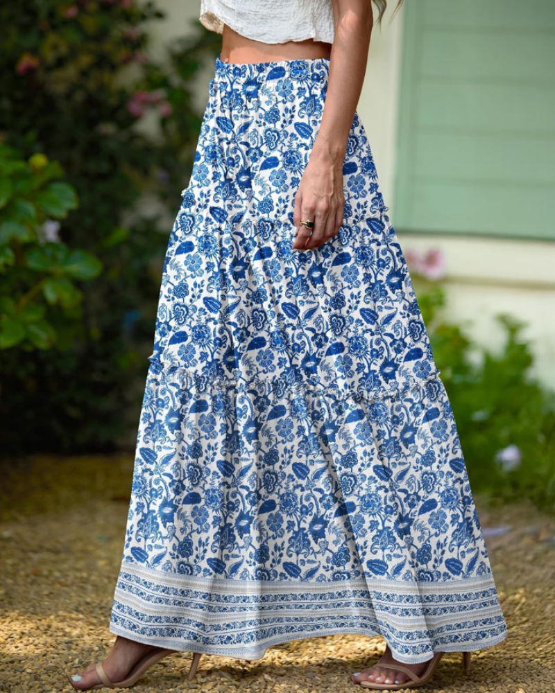 Penelope Falda Maxi Mujer – Falda Boho Floral con Cintura Elástica y Volantes en Capas