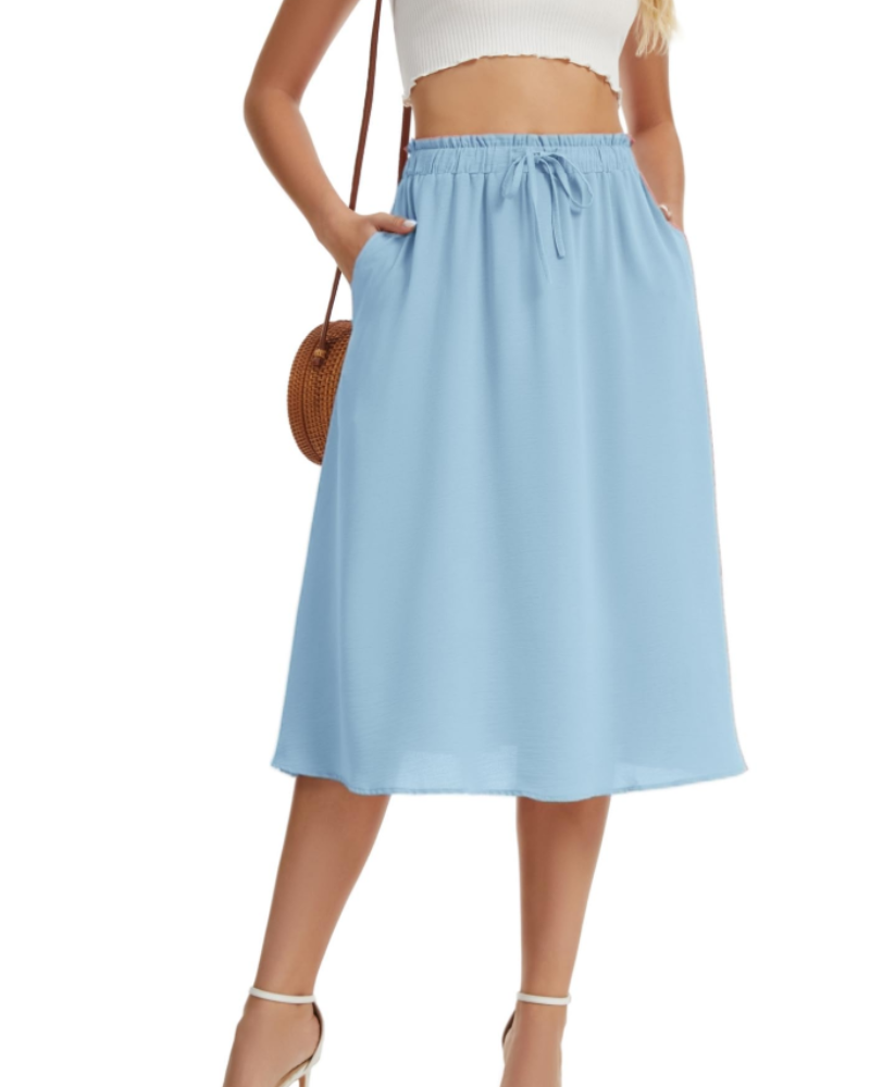 Quinn Falda Midi Mujer – Estilo Lino con Cintura Elástica, Cordón y Bolsillos